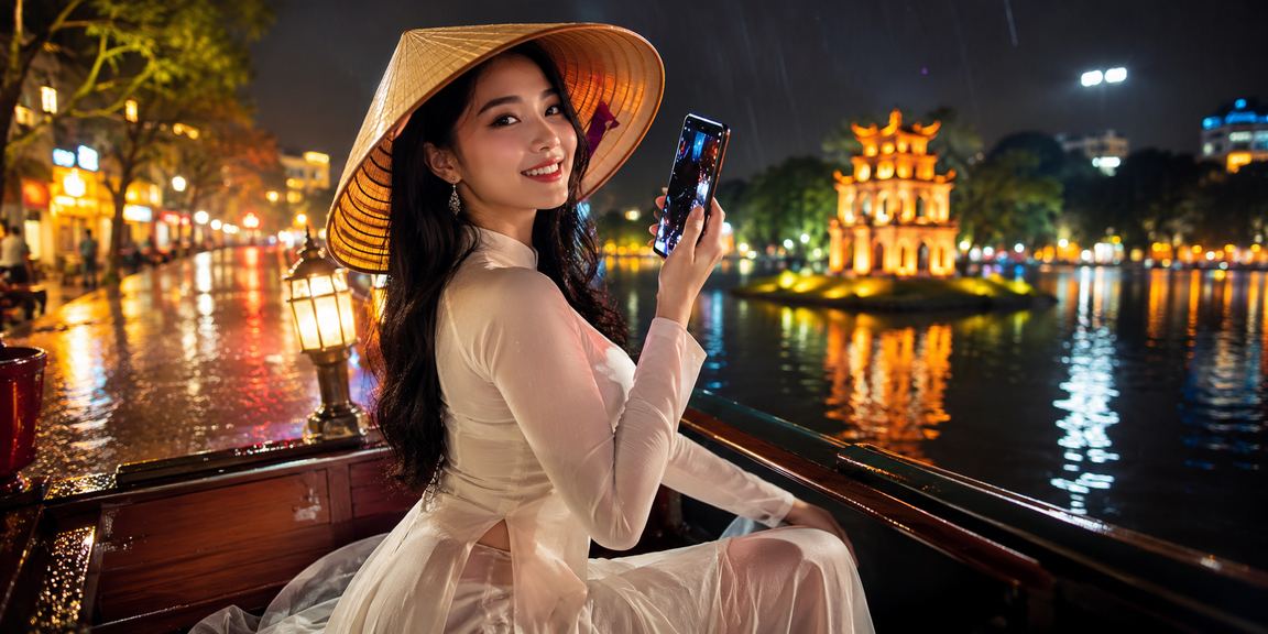 Phụ nữ Hà Nội đội nón lá chơi casino di động bên cạnh hồ